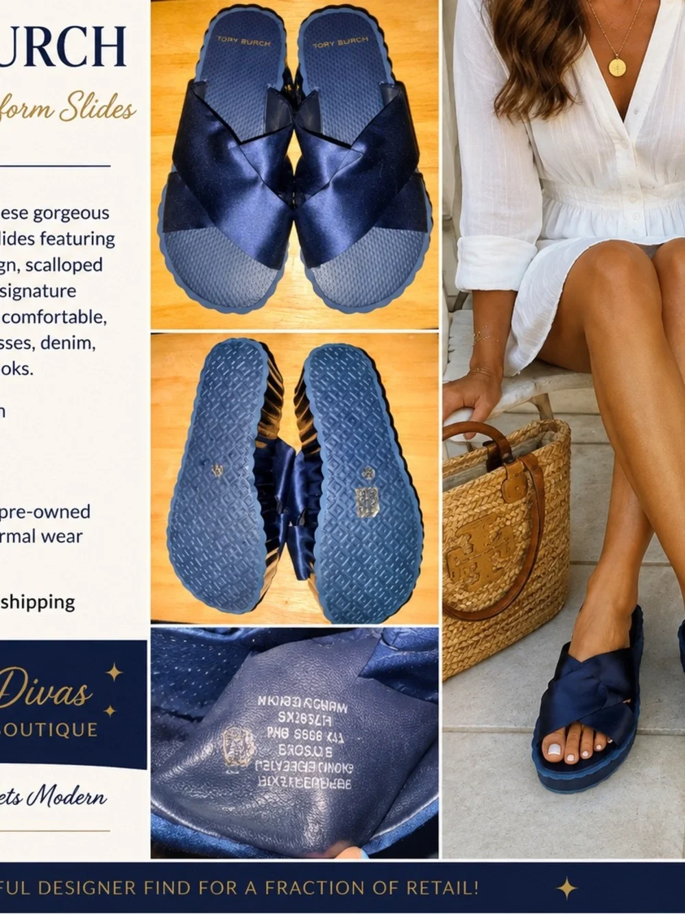 Tory Burch Navy Satin Crisscross Slide Sandals